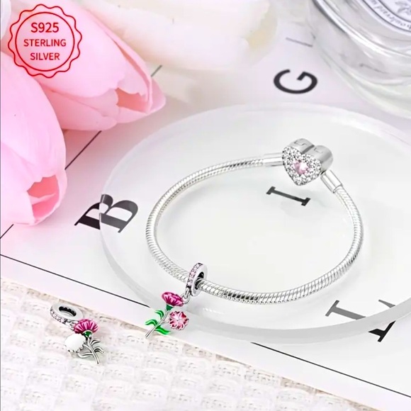 925 Sterling Silver Floral Charm Pendant with Pink and Green Accents - NWT - Picture 3 of 5